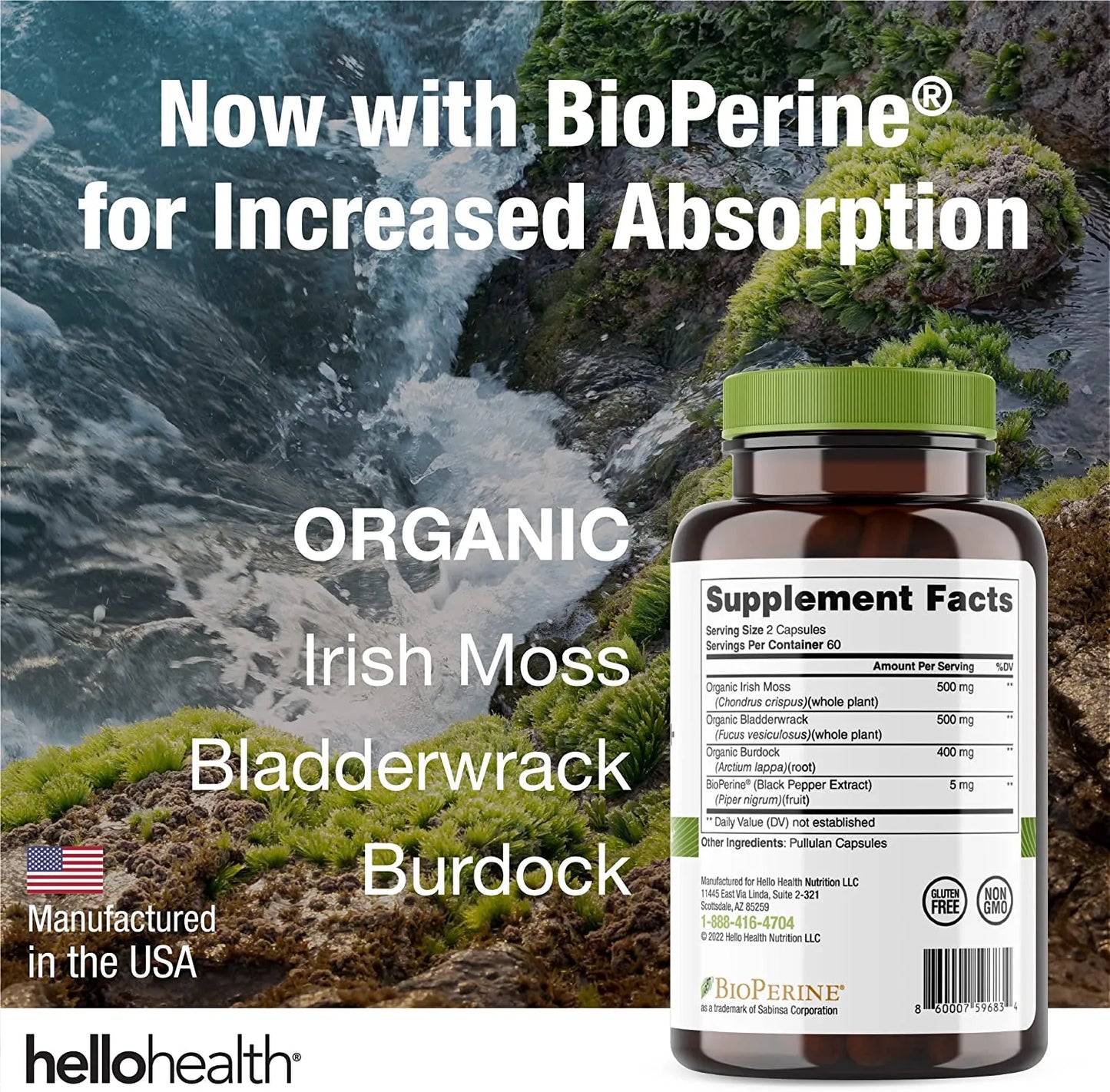 Organic Irish Sea Moss, Organic Bladderwrack, Organic Burdock & Bioperine capsules